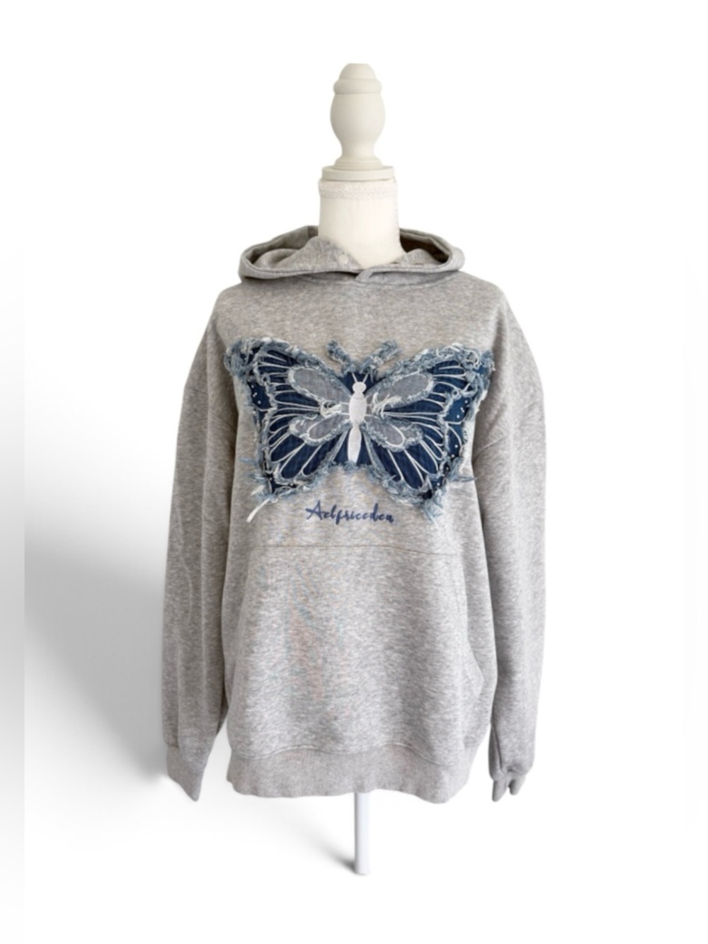Aelfric Eden Grey Hoodie Sweater with Distressed Blue Denim Butterfly